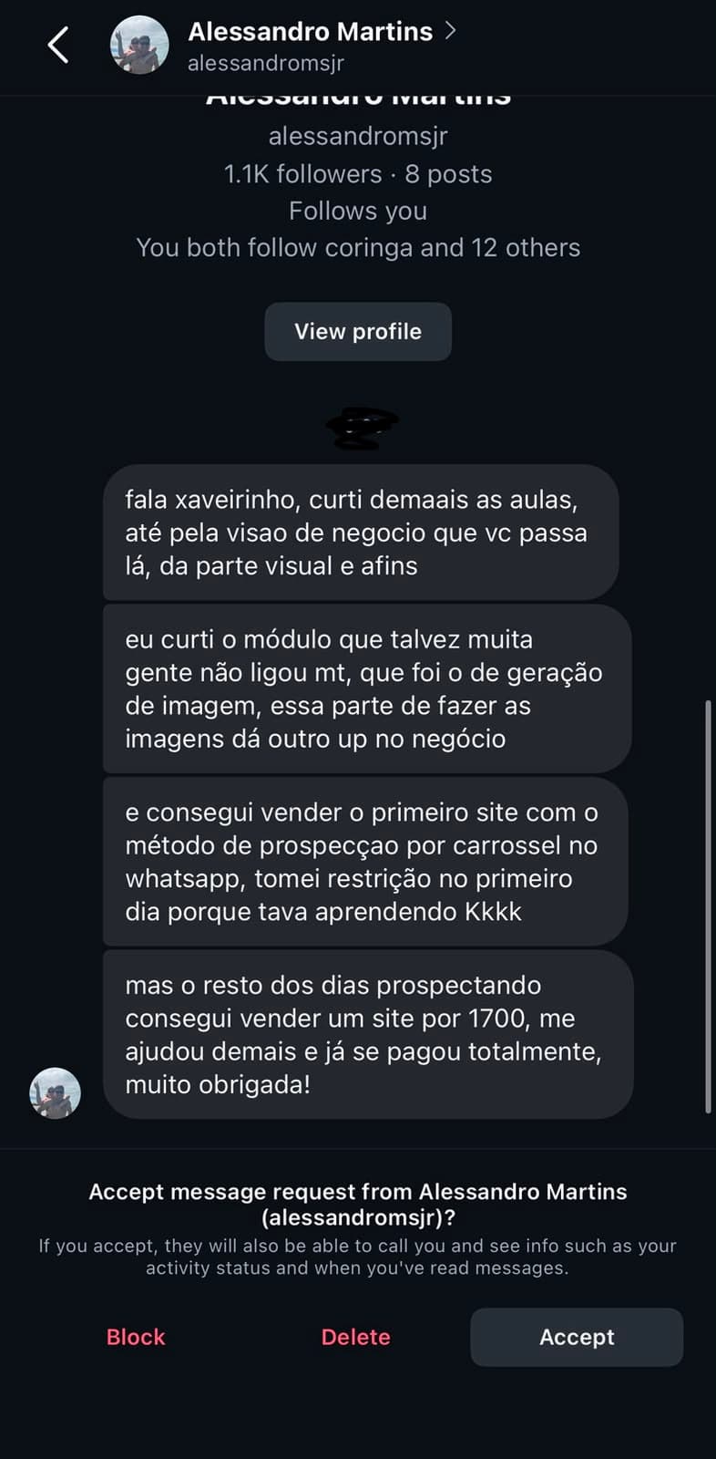 Print de aluno comemorando a venda do primeiro site por 1700 reais com prospecção por carrossel