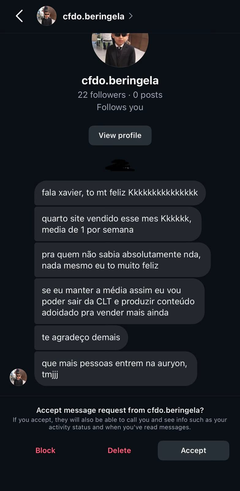 Print de aluno comemorando o quarto site vendido no mês, média de um por semana
