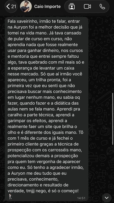 Print de conversa no WhatsApp de aluno que já tinha tentado vários cursos antes