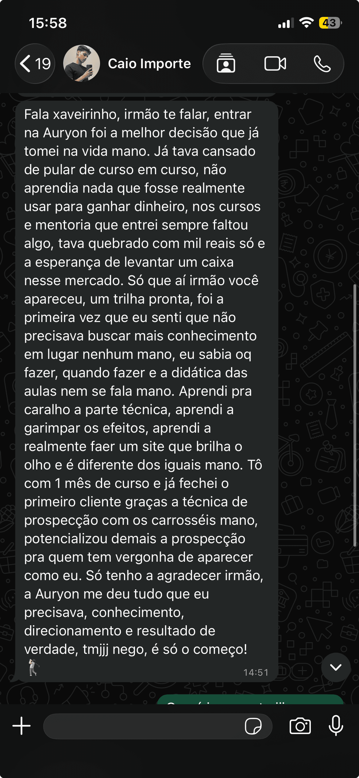 Depoimento de aluno sobre os resultados com a Auryon Academy