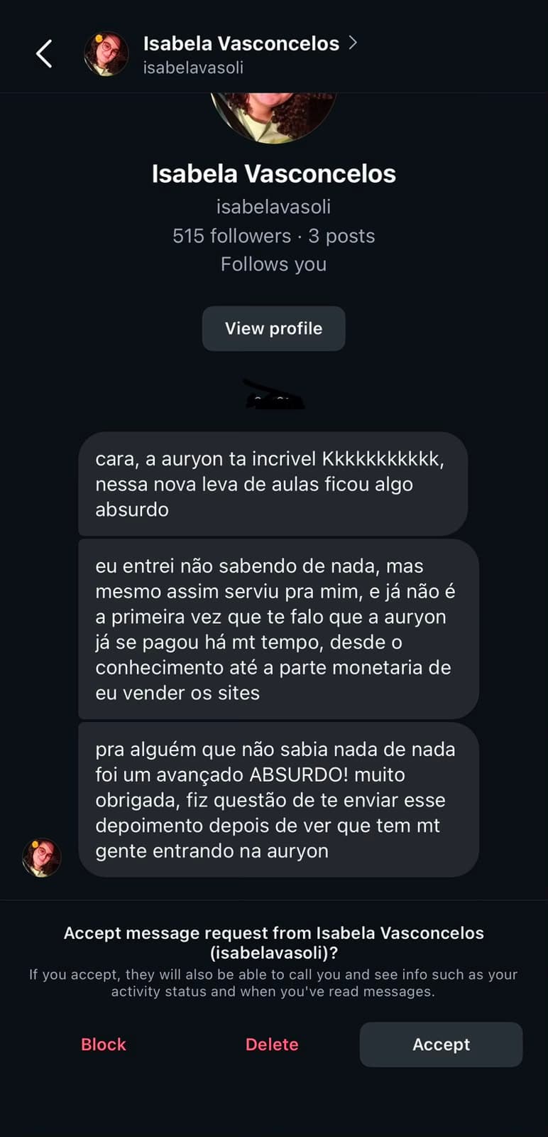 Print de aluna relatando avanço absurdo mesmo entrando sem saber nada
