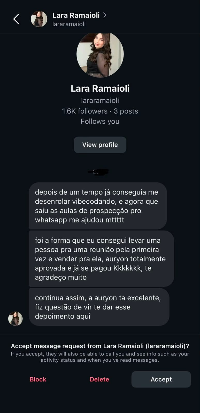 Print de aluna comemorando a primeira venda depois da primeira reunião com um cliente