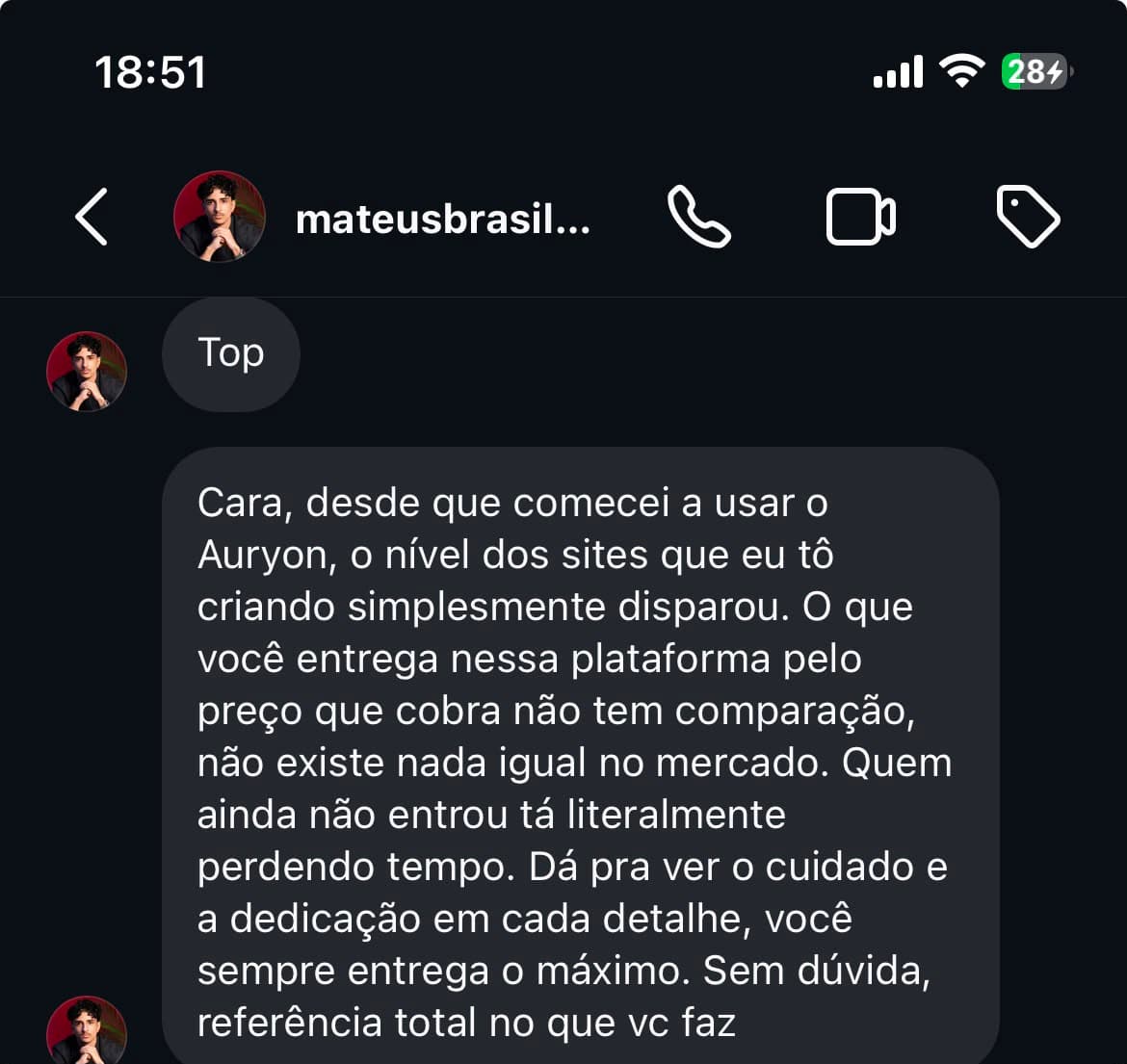 Print de aluno elogiando o nível dos sites que consegue entregar depois de entrar na Auryon