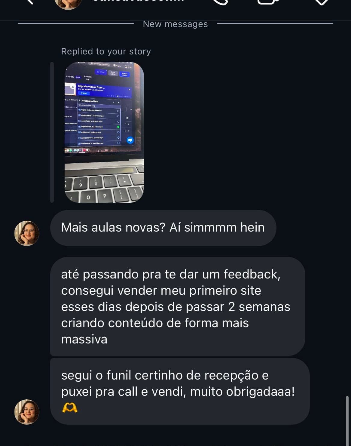 Print de aluna comemorando a venda do primeiro site seguindo o funil de recepção