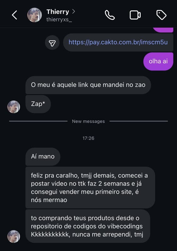 Print de conversa no WhatsApp de aluno que já tinha tentado vários métodos antes de vender o primeiro site