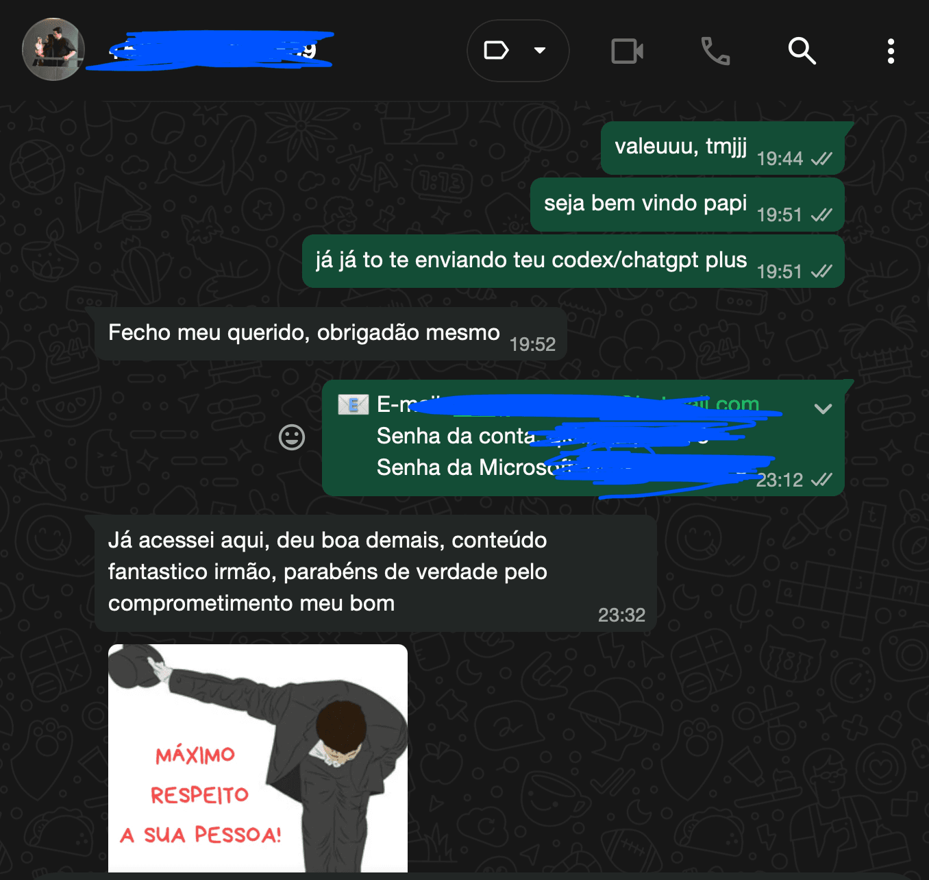 Print de conversa de cliente agradecendo pelo conteúdo
